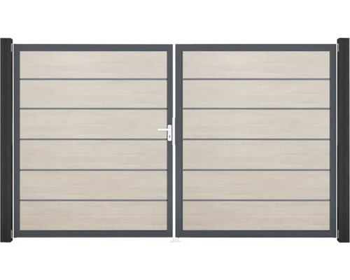 Dvoukřídlá brána s dřevěnou strukturou a rukojetí