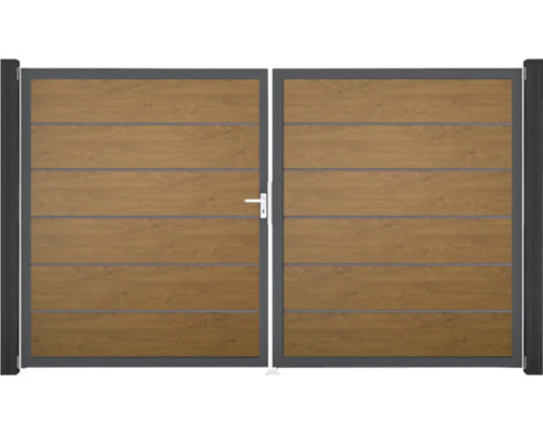 Dvoukřídlá brána s designem dřeva a kovovým rámem