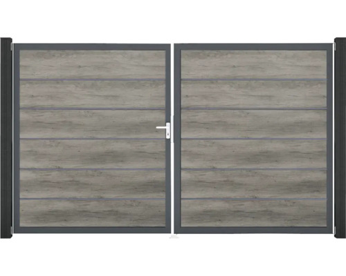 Dvoukřídlá brána s dřevěným vzhledem a kovovým rámem