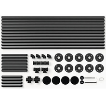 Regálová stavebnice s trubkami, koleny, T-kusy, křížovými kusy, kotouči, šrouby a hmoždinkami