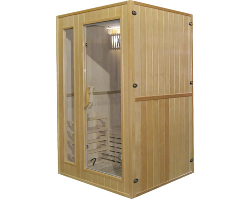 Dřevěná sauna se skleněnými dveřmi a oknem