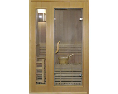 Sauna s dřevěným interiérem a skleněnými dveřmi