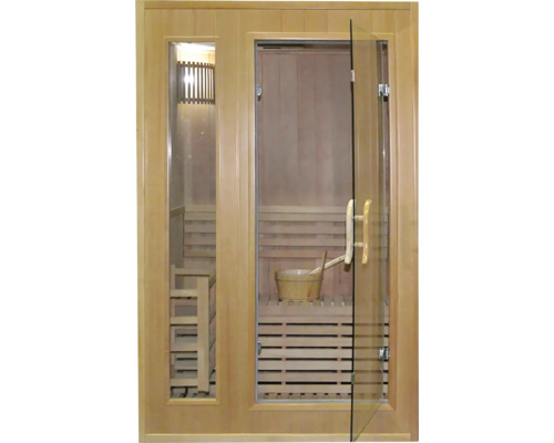 Sauna s dřevěným interiérem a skleněnými dveřmi