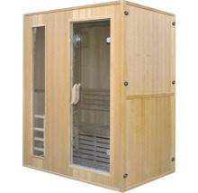 Dřevěná sauna se skleněnými dveřmi a oknem