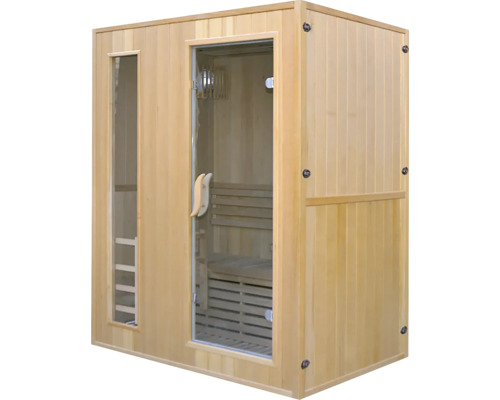 Dřevěná sauna se skleněnými dveřmi a oknem