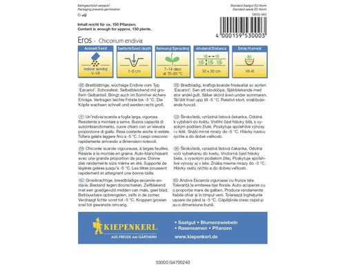Balíček semen Eros Chicorium endivia s informacemi o výsevu, hloubce setí, klíčení, vzdálenosti a sklizni