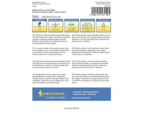 Polníček Gala se seje od ledna do prosince, hloubka setí je přibližně 0,5 až 1 cm, klíčení po 7 až 14 dnech, vzdálenost mezi řádky je přibližně 15 cm, sklizeň od října do prosince. Kiepenkerl Logo