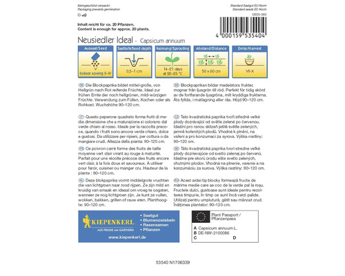 Sáček semen Neusiedler Ideal paprika ब्लॉक, Capsicum annuum s informacemi o setí, klíčení, vzdálenosti a sklizni