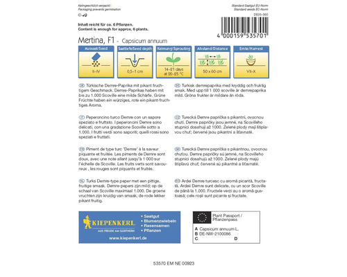 Sáček se semínky Mertina F1 Capsicum annuum s informacemi o výsevu, hloubce setí, klíčení, vzdálenosti a sklizni