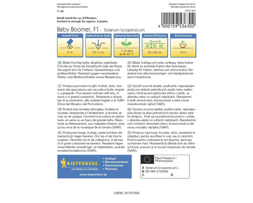 Balení semen rajčat Baby Boomer F1 od firmy Kiepenkerl s informacemi o době výsadby, hloubce setí, klíčení, vzdálenosti a době sklizně