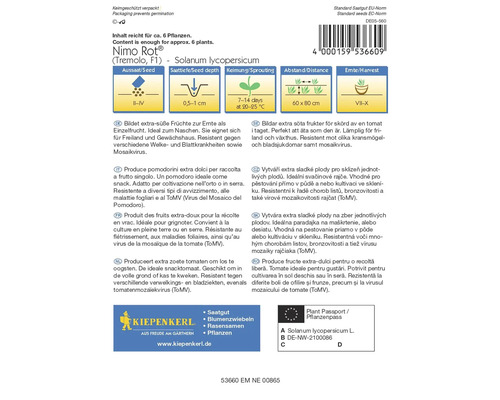 Balení semen Nimo Rot Tremolo F1 Solanum lycopersicum s informacemi o výsevu, hloubce setí, klíčení, vzdálenosti a době sklizně