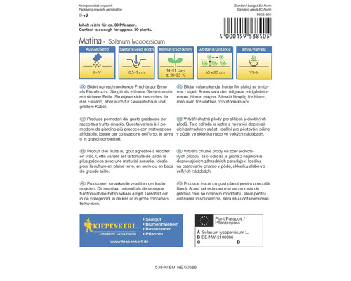 Balení semen rajčat Matina s informacemi o výsevu, hloubce výsadby, klíčení, vzdálenosti a době sklizně