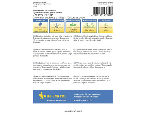 Balení semen Coucourzelle s informacemi o výsevu, vzdálenosti a době sklizně
