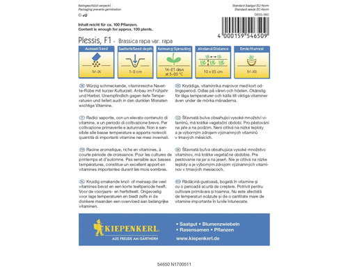 Balení semen Plessis F1 Brassica Rapa s informacemi o setí, hloubce setí, klíčení, vzdálenosti a sklizni