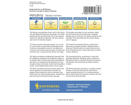 Balení semen vytrvalé saturejky horské s informacemi o setí, hloubce setí, klíčení, vzdálenosti a sklizni