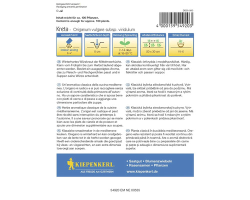 Balení oregana odrůdy Kréta s informacemi o setí, hloubce setí, klíčení, vzdálenosti a sklizni