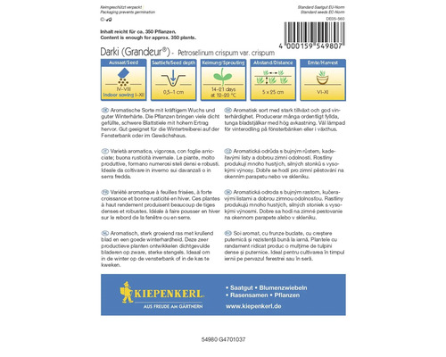 Balení petrželové odrůdy Darki Grandeur s informacemi o setí, klíčení a sklizni