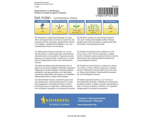 Balení semen citronely východoindické od firmy Kiepenkerl s informacemi o výsevu, hloubce setí, klíčení a vzdálenosti