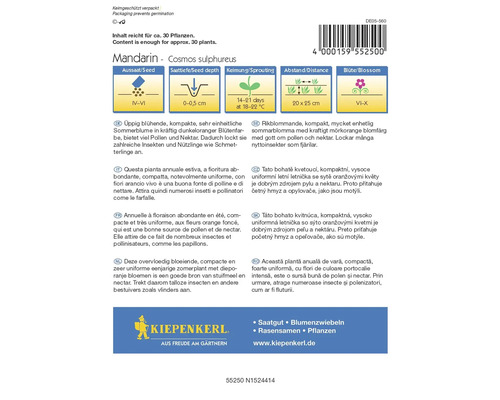 Balení semen Mandarin Cosmos Sulphureus s informacemi o výsevu, hloubce výsadby, klíčení, vzdálenosti a době květu
