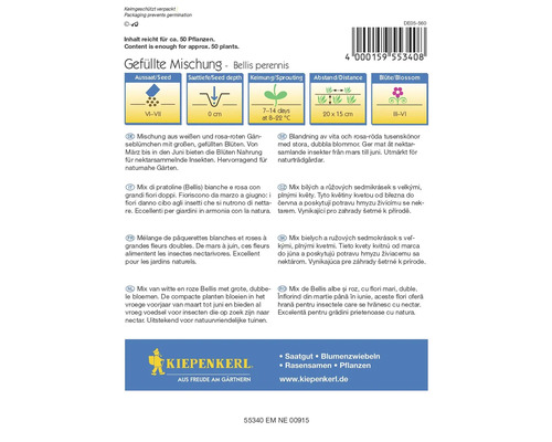 Balení semen plnokvěté směsi Bellis perennis s výsevem, hloubkou setí, klíčením, vzdáleností a dobou květu