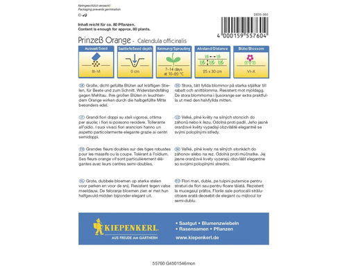 Balení semen Měsíček lékařský Prinzeß Orange s informacemi o setí, hloubce setí, klíčení, vzdálenosti a době květu