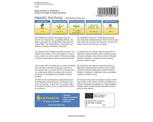 Balení semen Majestic Mischung Helianthus annuus s informacemi o výsevu, době květu a rostlinném pasu