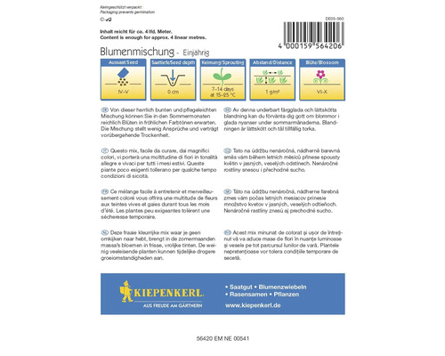 Balení semen květin s informacemi o výsevu, hloubce výsadby, klíčení, vzdálenosti a době květu