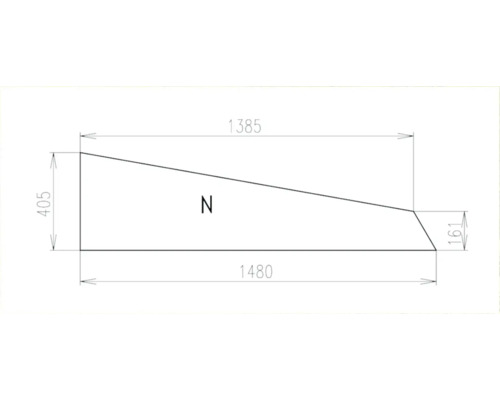 Náhradní sklo 94N-P pro skleník LIMES Praktik 40,5 x 148 cm krajní klín pravý Rozměrový náčrt tvaru N s rozměry v milimetrech