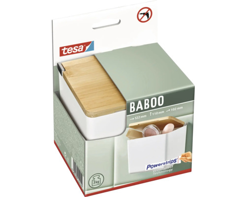 Úložný box Tesa Baboo v kartonové krabici s technologií Powerstrips Waterproof a symbolem zákazu vrtačky