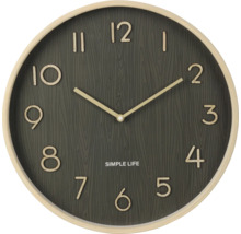 Kulaté nástěnné hodiny s dřevěnou strukturou a ukazatelem hodin