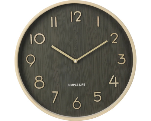 Kulaté nástěnné hodiny s dřevěnou strukturou a ukazatelem hodin