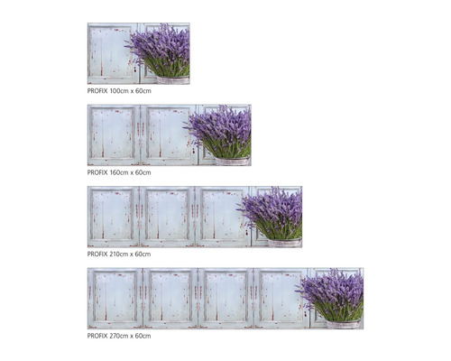 Dekorativní fólie na kuchyňskou stěnu s motivem levandule v různých velikostech.