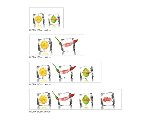 Kuchyňská zadní stěna Profix s motivy ovoce v kostkách ledu v různých velikostech