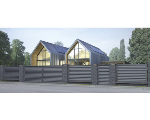 Moderní dům se šedým plotem a bránou