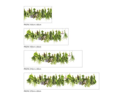 Různé velikosti motivů bylinek Profix o rozměrech 100 cm x 60 cm, 160 cm x 60 cm, 210 cm x 60 cm a 270 cm x 60 cm.