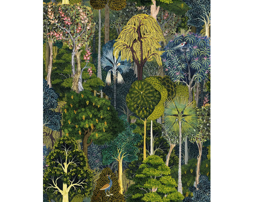 Vliesová tapeta FLORAL zelená bílá 10,05x0,53m Heritage Ilustrace hustého lesa s různými stromy a rostlinami
