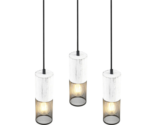 Tři závěsná svítidla s dřevěnými prvky a kovovou mřížkou