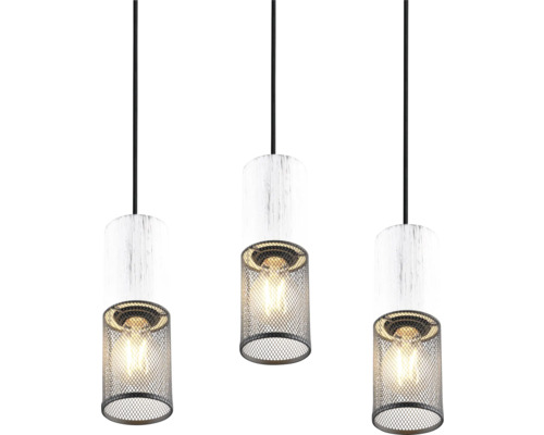 Závěsné svítidlo se třemi žárovkami s dřevěnými stínidly a kovovou mřížkou