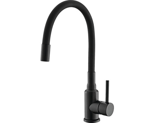 Černá kuchyňská baterie s ohnutým výtokem.