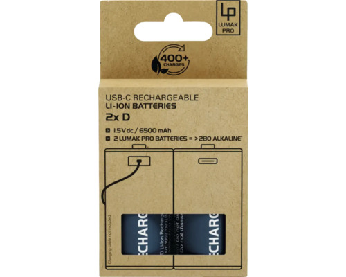 Balení dvou USB-C dobíjecích lithium-iontových baterií velikosti D značky Lumak Pro