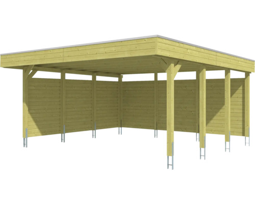 Dřevěný přístřešek pro auto s plochou střechou a bočními stěnami