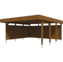 Dřevěný carport s plochou střechou a bočními stěnami