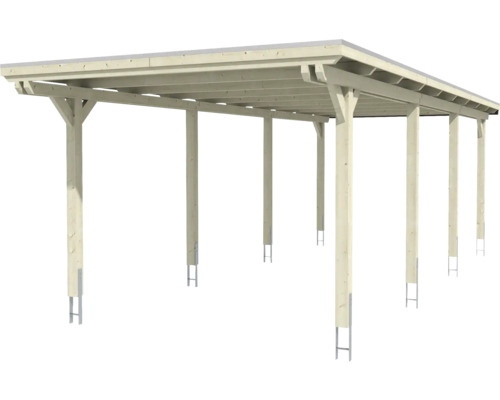 Dřevěný přístřešek pro auto s rovnou střechou a ocelovými patkami sloupků