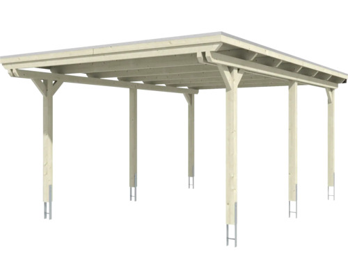 Dřevěný přístřešek pro auto s kovovými patkami sloupků