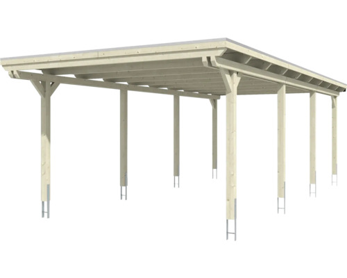 Dřevěný přístřešek pro auto s kovovými patkami sloupků