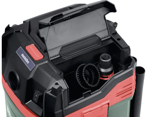 Logo společnosti Metabo. Mokro-suchý vysavač s otevřenou přihrádkou na příslušenství.