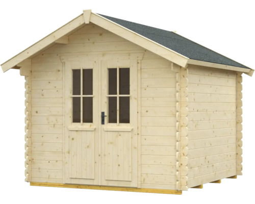 Dřevěný zahradní domek s dvoukřídlými dveřmi a střešní lepenkou