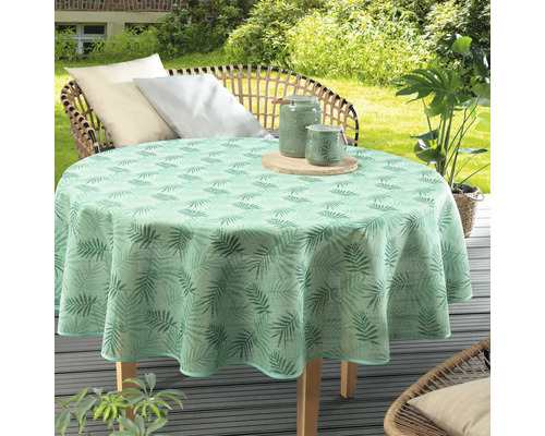 Ubrus na stůl zahradní PVC 160cm Palmový list kulatý Kulatý stůl se zeleným ubrusem s rostlinným vzorem na terase