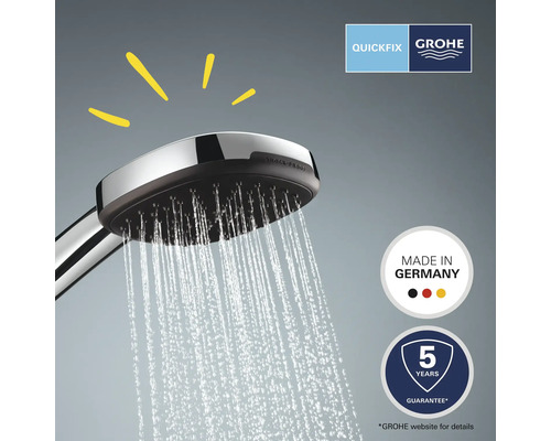 Ruční sprcha s proudem vody, logo Grohe QuickFix, pečeť Made in Germany, pečeť záruky 5 let