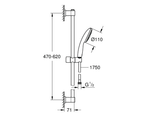 Technický nákres sprchové tyče s ruční sprchou a rozměry
